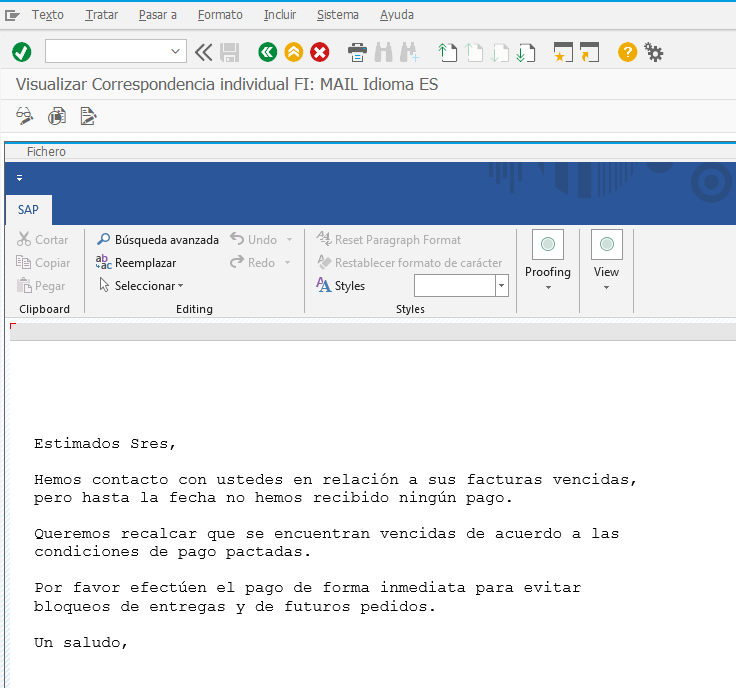 reclamacion de facturas emitidas y no pagadas SAP FI - email cuerpo